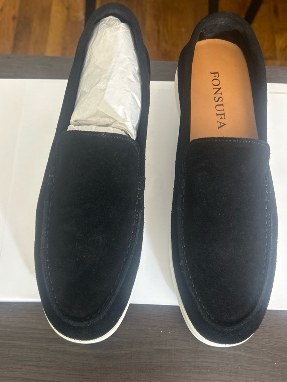 Fonsufa Men’s Black Suede Slip-On Loafers with White Sole